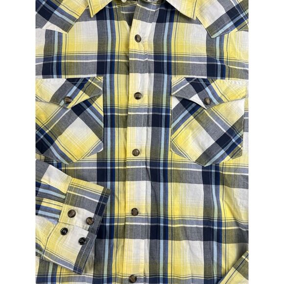 American Eagle‎ Shirt Mens Large Yellow Madras Plaid Vintage Fit Pearl Snap - Picture 2 of 9